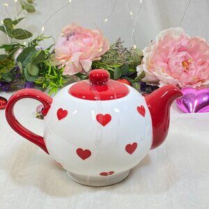 Terramoto Ceramic White Red Heart Valentine Teapot Tea Pot & Lid New